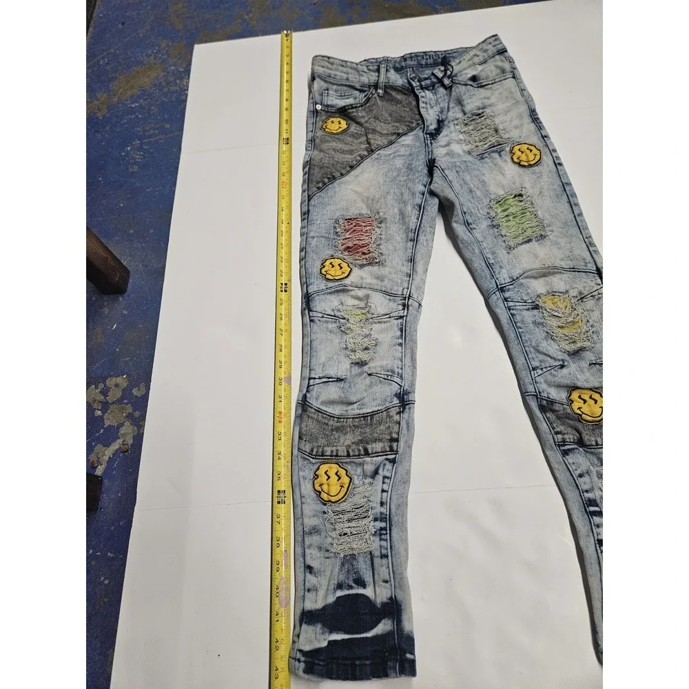 Rue 21 Prem Jeans Mens 26x30 Skinny Supreme Grunge Hippie Moto Acid Wash Patches